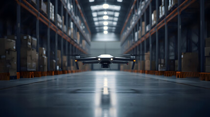 Modern warehouse features an autonomous delivery drone, diligently performing its security inspection duties. Advanced technology evokes efficiency and innovation, optimizing logistics for future