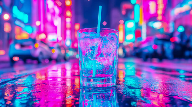 Refreshing cocktail with ice and straw, illuminated by vibrant neon glow of futuristic city night, reflecting on wet urban street in dazzling pink and blue cyberpunk hues.