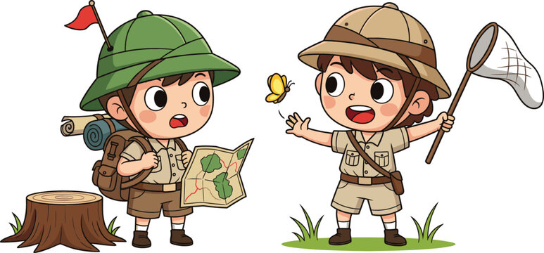 Cute cartoon safari explorer boys with backpack map and butterfly net in nature isolated on white background.