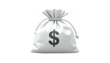 White money bag, drawstring closed, with a prominent dollar sign, set against a black backdrop