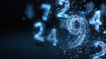Abstract 3D blue sparkling numbers floating in dark space, digital data and technology concept.