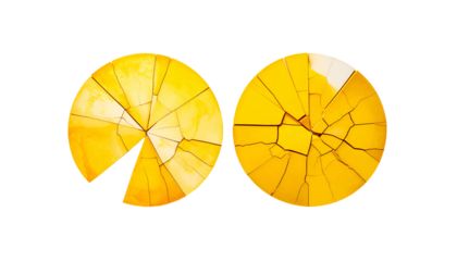 Two yellow, circular objects with a broken appearance on a black background