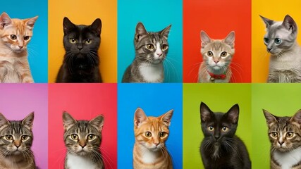 Colorful cats on vibrant backgrounds show expressive poses in continuous frames