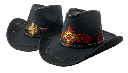 Two dark cowboy hats with colorful tribal designs and decorative stitching