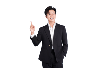 Elegant Presentation: A poised individual, dressed in a sharp black suit, directs attention upwards, his gesture conveying a message of presentation. He radiates professionalism and confidence.