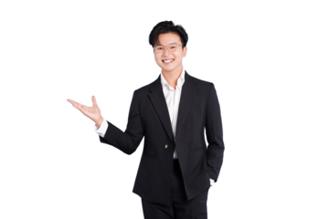 Confident Professional: A young, smartly dressed individual exudes poise and charm, offering a welcoming gesture, and smiling. Capturing an essence of approachability and readiness.