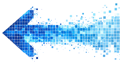 Abstract blue pixel arrow pointing left with digital cloud effect