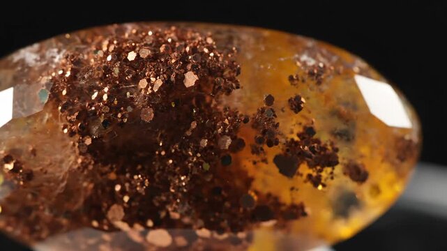 Close-up of a sunstone gemstone with shimmering copper inclusions and metallic schiller, highlighting its natural beauty and complex texture.
