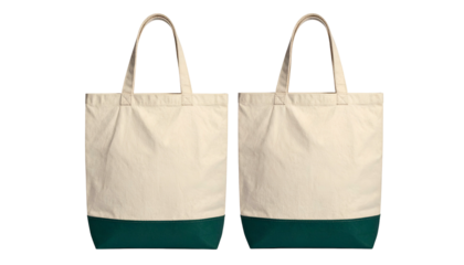 Two beige tote bags with dark green bottoms and matching handles, isolated on black
