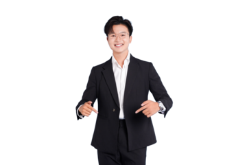 Confident Businessman's Gesture: A poised, successful businessman stands tall, pointing with confident fingers, embodying authority and approachability in a clean environment.