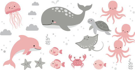 Cute sea life collection featuring pink dolphin whale jellyfish octopus and turtle characters for nursery and baby shower designs. © Sumon Creative