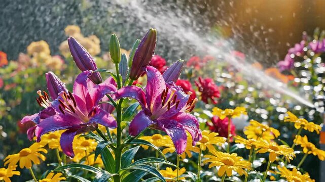 Watering a Vibrant Flower Garden on a Sunny Day - A Colorful Display.