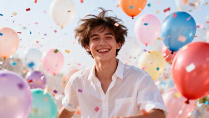 Young man smiling with balloons and confetti