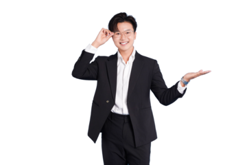 Elegant Presentation: A confident professional stands poised, extending an open hand in a gesture of welcome and offering a captivating glimpse into the world of possibility.