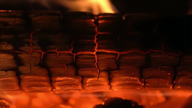 Stacked firewood burning in a fireplace with warm orange flames.