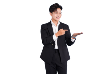 Confident Presentation: A young, smartly dressed professional confidently gestures while presenting, highlighting key points with a warm smile.