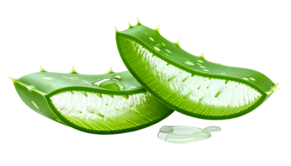 Two aloe vera leaves cut open showing gel with a drop and gel below