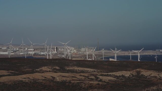 Wind turbines generating electricity in Montana Pelada, Tenerife, Canary Islands, Spain