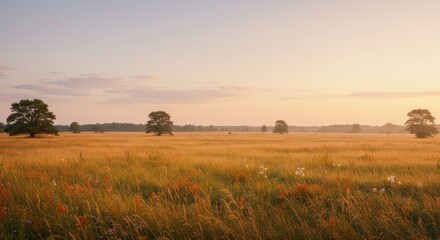 Obraz premium Golden tall grass covers a broad open field dotted with isolated trees under a soft pastel sky at sunrise.