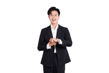 Man in elegant business suit looking at watch: A sharply dressed man, clad in a sophisticated business suit, beams a friendly smile while glancing at his watch.