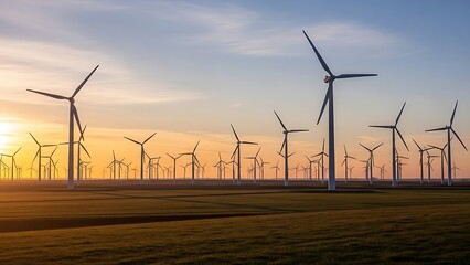 A vast field of numerous wind turbines generating renewable energy at sunset.