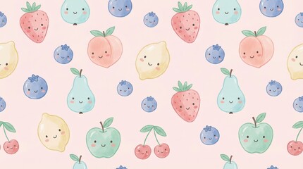 Obraz premium Cute cartoon fruits with happy faces on pastel background including strawberries, blueberries, peaches, lemons, pears, apples and cherries