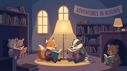 Cozy library scene with animated animals reading books under a warm lamp and Adventures in Reading banner