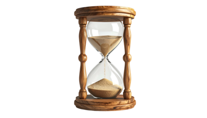 A classic hourglass made of wood, sand draining from top bulb to the bottom, black background