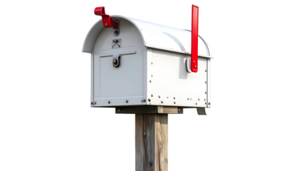 A classic white mailbox with a red flag, mounted on a wooden post, against a black background