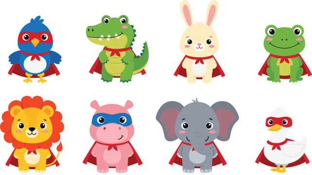 Set of cute cartoon animals wearing superhero capes and masks including lion elephant rabbit frog and crocodile characters.