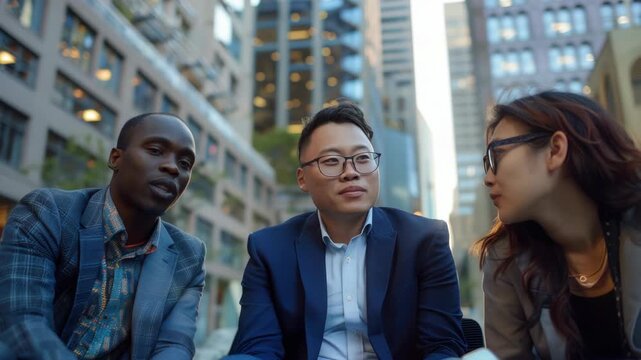 Group of people engaged in conversation in an urban setting