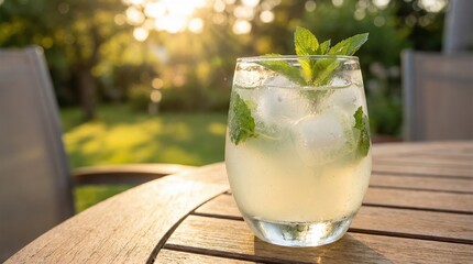 Refreshing mint-infused drink with ice cubes on a wooden table in a sunny garden setting