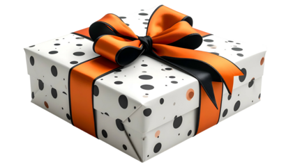 A square gift box wrapped in white paper with black polka dots and an orange/black ribbon