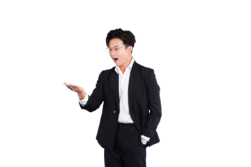 Surprised Business Presentation: An astonished man, impeccably dressed in a business suit, gestures with an open palm. Captured against a soft backdrop.