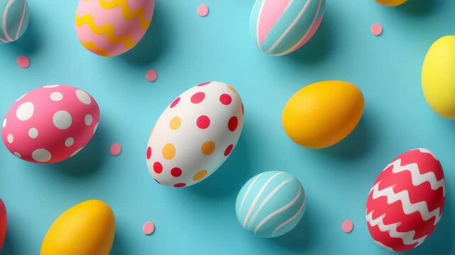 A vibrant and festive collection of painted Easter eggs set against a blue background. Perfect for holiday celebrations or spring-themed designs.