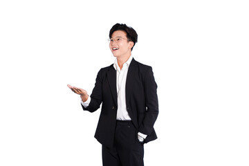 Confident Presentation: A smartly dressed businessperson gestures outwards, showcasing a sense of leadership and professional poise.