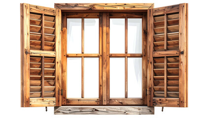 Open wooden shutters frame a bright, clear view through a window with a sill