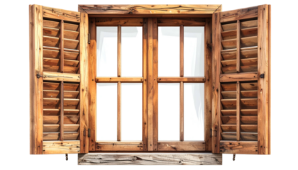 Open wooden shutters frame a bright, clear view through a window with a sill