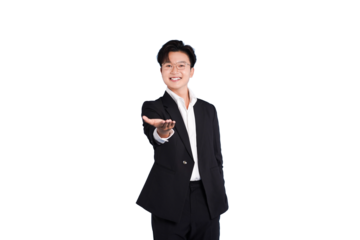 Polished Presentation: A smiling individual in a tailored suit extends a welcoming hand, conveying approachability and confidence. This image embodies professionalism and invitation.