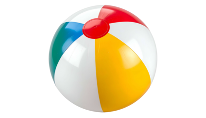 A close-up of a colorful, inflatable sphere with segments of red, yellow, green, blue, & white