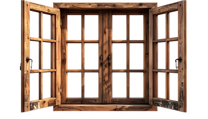 Obraz premium Wooden window with open shutters. Sunlight streams, highlighting frame details