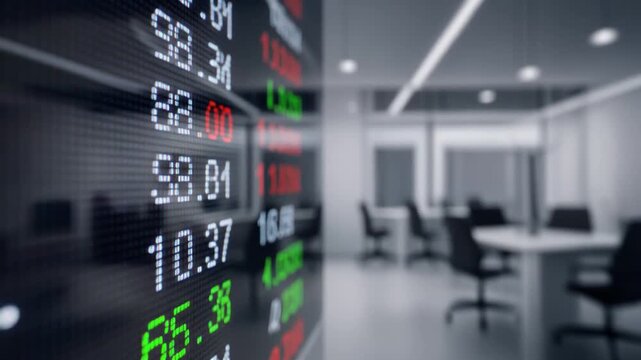 The digital flight information display at the airport terminal gate shows an abstract stock market exchange chart and financial data on a high-tech computer network screen for travel and business