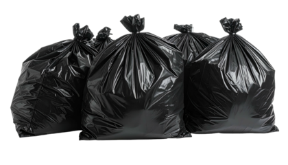 Group of four opaque black plastic garbage bags, tied at the top