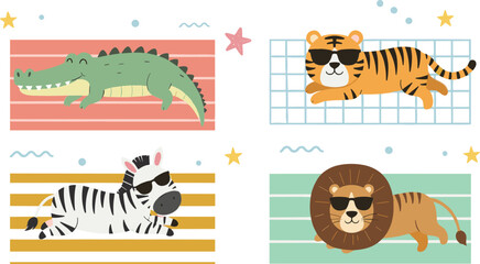 Set of cute cartoon safari animals including crocodile tiger zebra and lion wearing sunglasses relaxing on beach mats © Sumon Creative