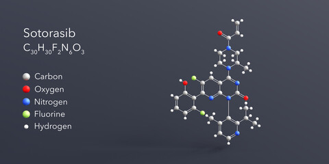 sotorasib molecule 3d rendering, flat molecular structure with chemical formula and atoms color coding