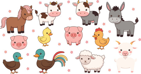 Obraz premium Set of cute cartoon farm animals including horse cows donkey pigs sheep goat chicken and ducks for kids.