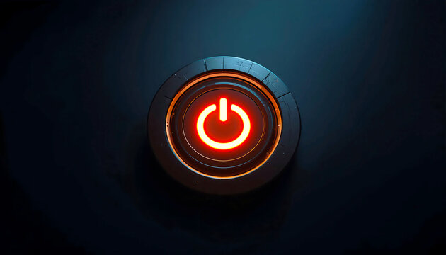 Illuminated red power button glowing in the dark