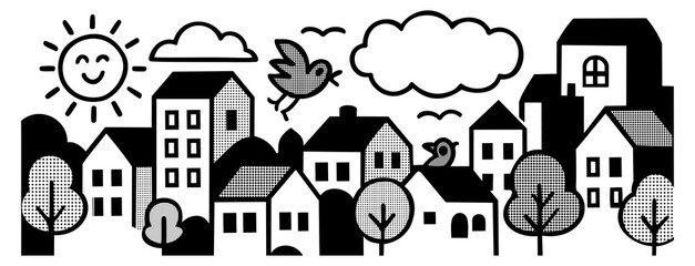 Cute cityscape with simple geometric vector buildings and houses and trees with dotted textures. Black and white color palette. Vector minimalistic illustration