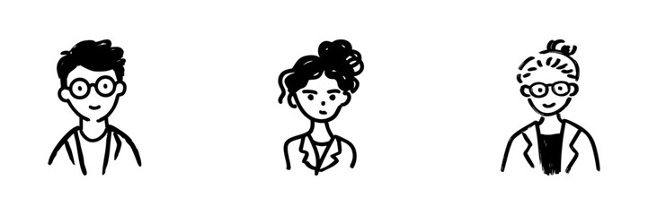 Obraz premium Three Diverse Professional Characters Line Icon Set In Doodle Style. Teamwork, Collaboration, And Diversity In Workplace Outline Sketch Collection. Hand Drawn Isolated Vector Illustration