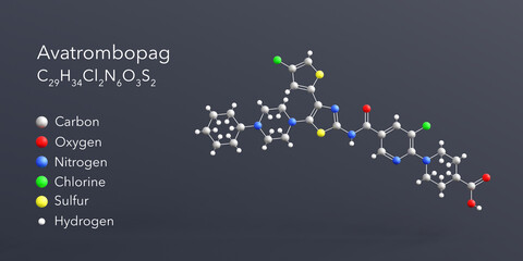 avatrombopag molecule 3d rendering, flat molecular structure with chemical formula and atoms color coding